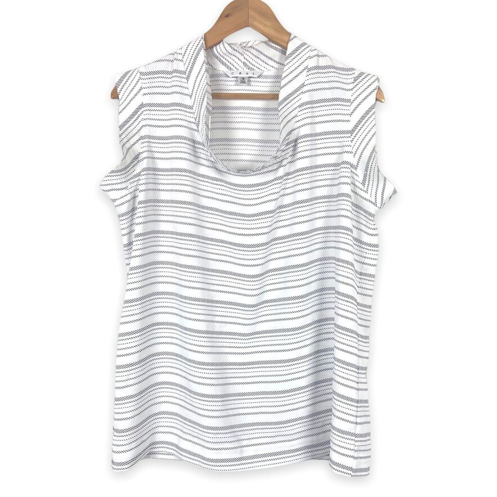 CAbi Madeline Blouse #236 Size Small White Black Stripe Sleeveless